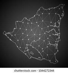 Abstract Mash Line and Point Scales on The Dark Gradient Background With Map of Nicaragua. 3D Mesh Polygonal Network Connections.Vector illustration eps10.