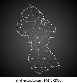 Abstract Mash Line and Point Scales on The Dark Gradient Background With Map of Guyana. 3D Mesh Polygonal Network Connections.Vector illustration eps10.