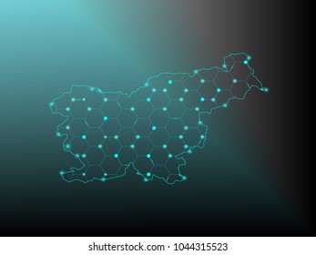 Abstract mash line and point scales on dark background with Map of slovenia. Wire frame 3D mesh polygonal network line, design sphere, dot and structure. communications map of slovenia. Vector.