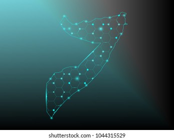 Abstract mash line and point scales on Circuit dark background with map of Somalia. Wire frame 3D mesh polygonal network line, design sphere, dot and structure. Vector illustration eps 10.