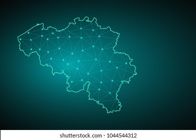 Abstract mash line and point scales on dark background with Map of belgium. Wire frame 3D mesh polygonal network line, design sphere, dot and structure. communications map of belgium. Vector.