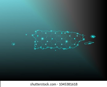 Abstract mash line and point scales on dark background with map of Puerto rico. Wire frame 3D mesh polygonal network line, design sphere, dot and structure. Vector illustration eps 10.