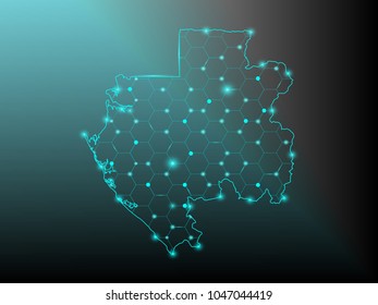Abstract mash line and point scales on dark background with Map of gabon. Wire frame 3D mesh polygonal network line, design sphere, dot and structure. communications map of gabon. Vector.