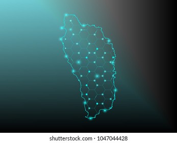 Abstract mash line and point scales on dark background with Map of dominica. Wire frame 3D mesh polygonal network line, design sphere, dot and structure. communications map of dominica. Vector.