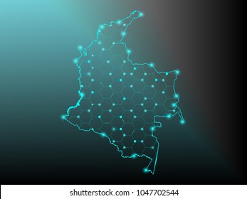 Abstract mash line and point scales on dark background with map of Colombia. Wire frame 3D mesh polygonal network line, design sphere, dot and structure. Vector illustration eps 10.