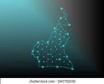 Abstract mash line and point scales on dark background with Map of cameroon. Wire frame 3D mesh polygonal network line, design sphere, dot and structure. communications map of cameroon. Vector.