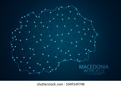 Abstract mash line and point scales on Dark background with map of Macedonia. Wire frame 3D mesh polygonal network line, design polygon sphere, dot and structure. Vector illustration eps 10.
