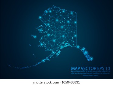 Abstract mash line and point scales on dark background with map of Alaska.3D mesh polygonal network line, design sphere, dot and structure. Vector illustration eps 10.