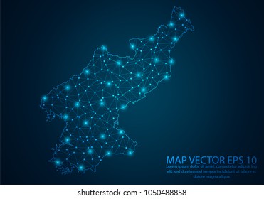 Abstract mash line and point scales on dark background with map of North Korea.3D mesh polygonal network line, design sphere, dot and structure. Vector illustration eps 10.