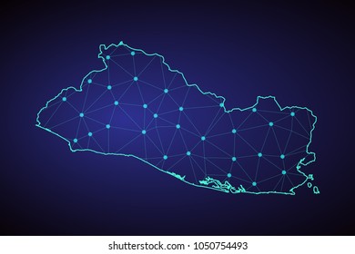 Abstract mash line and point scales on dark background with Map of El Salvador. dot and structure. communications map of El Salvador. Vector.