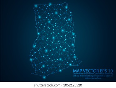 Abstract mash line and point scales on dark background with map of Ghana.3D mesh polygonal network line, design sphere, dot and structure. Vector illustration eps 10.