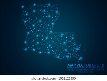 Abstract mash line and point scales on dark background with map of Louisiana.3D mesh polygonal network line, design sphere, dot and structure. Vector illustration eps 10.