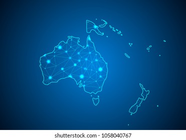 Abstract mash line and point scales on dark background with Continent Map of australia. Wire frame 3D mesh polygonal network line, design sphere, dot and structure. communications Map.