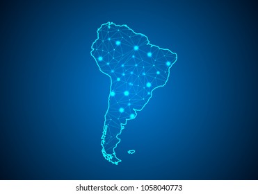 Línea de purga abstracta y escala de puntos sobre fondo oscuro con el Mapa Continente de Sudamérica. Línea de red poligonal, esfera de diseño, punto y estructura de malla 3D de marco de cable. mapa de comunicaciones.