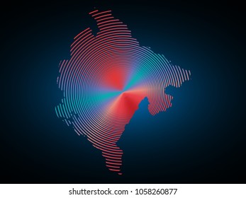 Abstract mash line and point scales on dark background with Map of montenegro. Wire frame 3D mesh polygonal network line, design sphere, dot and structure. communications map of montenegro. Vector.