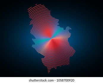 Abstract mash line and point scales on dark background with Map of Serbia. Wire frame 3D mesh polygonal network line, design sphere, dot and structure. communications map of Serbia. Vector.