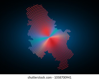 Abstract mash line and point scales on dark background with Map of Serbia. Wire frame 3D mesh polygonal network line, design sphere, dot and structure. communications map of Serbia. Vector.