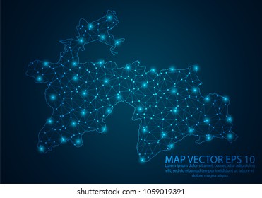 Abstract mash line and point scales on dark background with map of Tajikistan.3D mesh polygonal network line, design sphere, dot and structure. Vector illustration eps 10.
