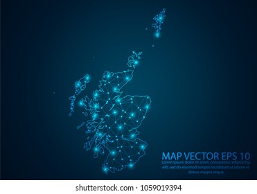 Abstract mash line and point scales on dark background with map of Scotland.3D mesh polygonal network line, design sphere, dot and structure. Vector illustration eps 10.
