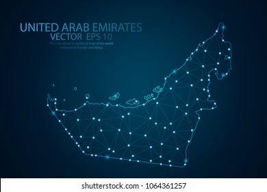 Abstract mash line and point scales on Dark background with map of United Arab Emirates. Wire frame 3D mesh polygonal network line, design polygon sphere, dot and structure. Vector illustration eps 10