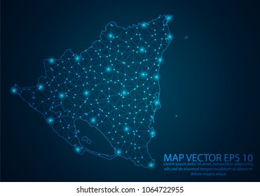 Abstract mash line and point scales on dark background with map of Nicaragua.3D mesh polygonal network line, design sphere, dot and structure. Vector illustration eps 10.