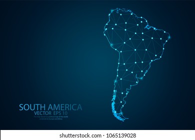 Abstract mash line and point scales on Dark background with map of South America . Wire frame 3D mesh polygonal network line, design polygon sphere, dot and structure. Vector illustration eps 10.