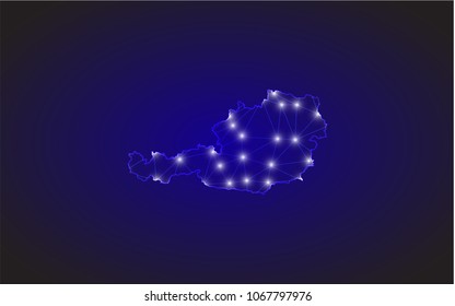 Abstract mash line and point scales on dark background with Map of austria. Wire frame 3D mesh polygonal network line, design sphere, dot and structure. communications map of austria. Vector.