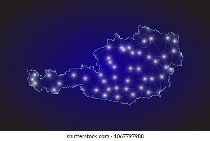 Abstract mash line and point scales on dark background with Map of austria. Wire frame 3D mesh polygonal network line, design sphere, dot and structure. communications map of austria. Vector.