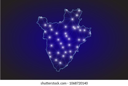 Abstract mash line and point scales on dark background with Map of burundi. Wire frame 3D mesh polygonal network line, design sphere, dot and structure. communications map of burundi. Vector.