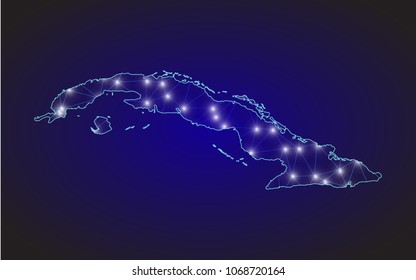 Abstract mash line and point scales on dark background with Map of cuba. Wire frame 3D mesh polygonal network line, design sphere, dot and structure. communications map of cuba. Vector illustration