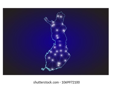Abstract mash line and point scales on dark background with map of Finland.3D mesh polygonal network line, design sphere, dot and structure. Vector illustration eps 10