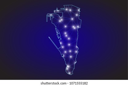 Abstract mash line and point scales on dark background with Map of gibraltar. Wire frame 3D mesh polygonal network line, design sphere, dot and structure. communications map of gibraltar. Vector