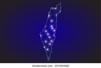 Abstract mash line and point scales on dark background with Map of israel Palestine. Wire frame 3D mesh polygonal network line, design sphere, dot and structure. communications map of israel Palestine