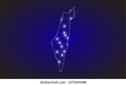 Abstract mash line and point scales on dark background with Map of israel. Wire frame 3D mesh polygonal network line, design sphere, dot and structure. communications map of israel. Vector