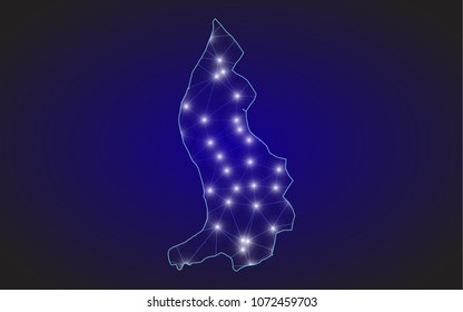 Abstract mash line and point scales on dark background with Map of liechtenstein. Wire frame 3D mesh polygonal network line, design sphere, dot and structure. communications map of liechtenstein