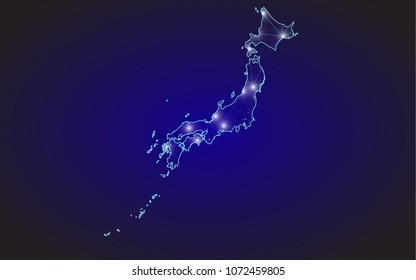 Abstract mash line and point scales on dark background with Map of japan. Wire frame 3D mesh polygonal network line, design sphere, dot and structure. communications map of japan. Vecto