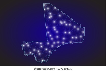 Abstract mash line and point scales on dark background with Map of mali.