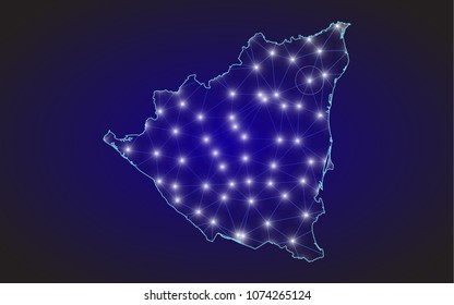 Abstract mash line and point scales on dark background with Map of nicaragua. Wire frame 3D mesh polygonal network line, design sphere, dot and structure. communications map of nicaragua. Vector