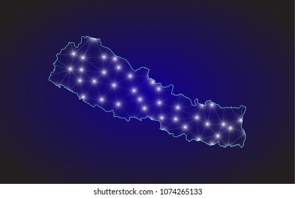 Abstract mash line and point scales on dark background with Map of nepal. Wire frame 3D mesh polygonal network line, design sphere, dot and structure. communications map of nepal. Vector