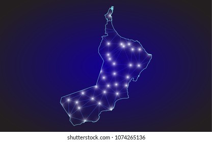 Abstract mash line and point scales on dark background with Map of oman. Wire frame 3D mesh polygonal network line, design sphere, dot and structure. communications map of oman. Vector
