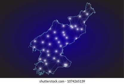 Abstract mash line and point scales on dark background with Map of North Korea. Wire frame 3D mesh polygonal network line, design sphere, dot and structure. communications map of North Korea. Vector