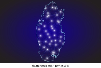 Abstract mash line and point scales on dark background with Map of qatar. Wire frame 3D mesh polygonal network line, design sphere, dot and structure. communications map of qatar. Vector