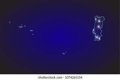 Abstract mash line and point scales on dark background with Map of portugal. Wire frame 3D mesh polygonal network line, design sphere, dot and structure. communications map of portugal. Vector