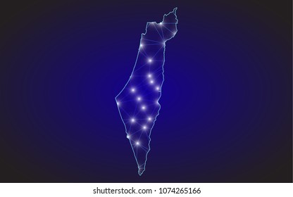 Abstract mash line and point scales on dark background with Map of palestine. Wire frame 3D mesh polygonal network line, design sphere, dot and structure. communications map of palestine. vector