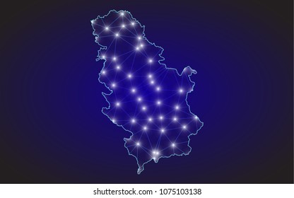 Abstract mash line and point scales on dark background with Map of Serbia. Wire frame 3D mesh polygonal network line, design sphere, dot and structure. communications map of Serbia. Vector