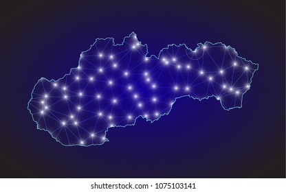 Abstract mash line and point scales on dark background with Map of slovakia. Wire frame 3D mesh polygonal network line, design sphere, dot and structure. communications map of slovakia. Vector
