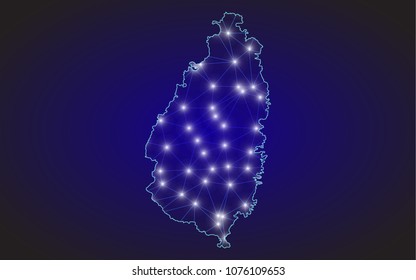 Abstract mash line and point scales on dark background with Map of St. Lucia. Wire frame 3D mesh polygonal network line, design sphere, dot and structure. communications map of St. Lucia. Vector