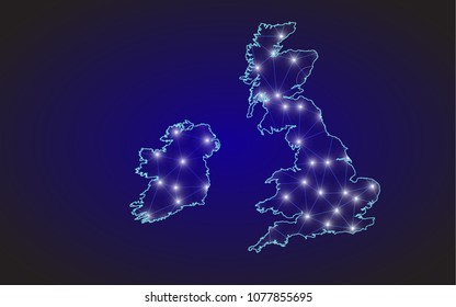 Abstract mash line and point scales on dark background with Map of united Kingdom. Wire frame 3D mesh polygonal network line, design sphere, dot and structure. communications map of united Kingdom
