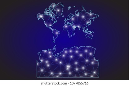 Abstract mash line and point scales on dark background with Map of World with Antarctica. Wire frame 3D mesh polygonal network line, design sphere, dot and structure. communications map of