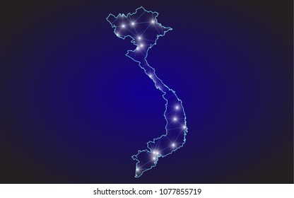 Abstract mash line and point scales on dark background with Map of vietnam. Wire frame 3D mesh polygonal network line, design sphere, dot and structure. communications map of vietnam. Vector